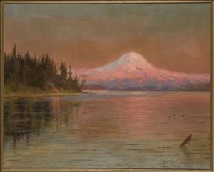 Landscape painting that depicts a snow-capped mountain rising up from water's edge under pinkish morning light. The lower half of the composition is water that reflects the mountain, trees and sky. A triangular piece of land that juts in from the left is covered with evergreen trees that dwarf a small cabin on the shore. A foreground is established by rippling water and a log that floats in the lower corner.